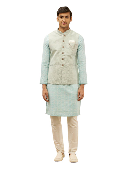 Manyavar Mens Blue Brocade JACQUARD Jacket