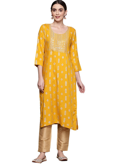 anubhutee Women's Mustard Zari Embroidered Ethnic Motifs Printed Kurta