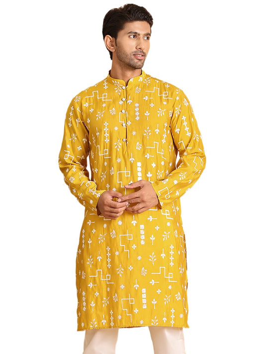 Jompers Mens Embroidered Silk Blend Straight Kurta