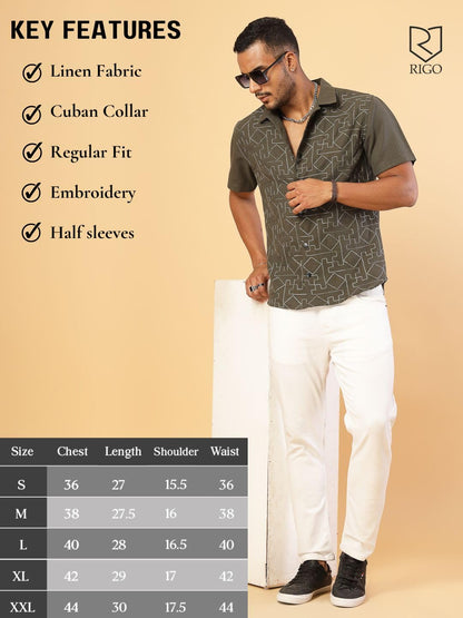 Rigo Linen Embroidery Regular Fit Shirt for Mens | Half Sleeve Shirt for Men | Summer Shirts for Men Army Green