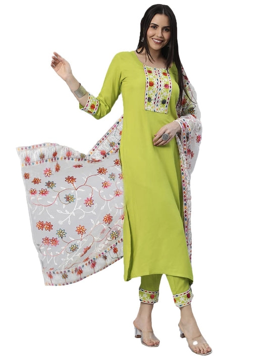 ANNI DESIGNER Women's Cotton Blend Solid Straight Kurta with Pant & Dupatta (SOFA-PARROT)