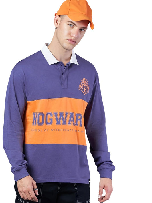 Bewakoof Official Harry Potter Merchandise MenS Graphic Print Oversized Fit Full Sleeve Polo Cotton Polo T-Shirt_617089_Purple_L