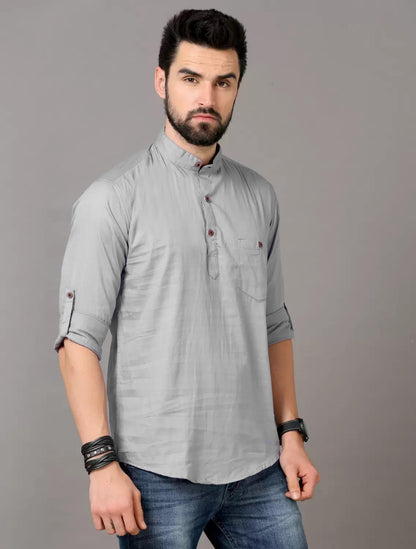 Deelmo MenS Regular Fit Solid Spread Collar Casual Shirt With A Trendy Mandarin Collar Crafted From A Premium Cotton Blend Grey