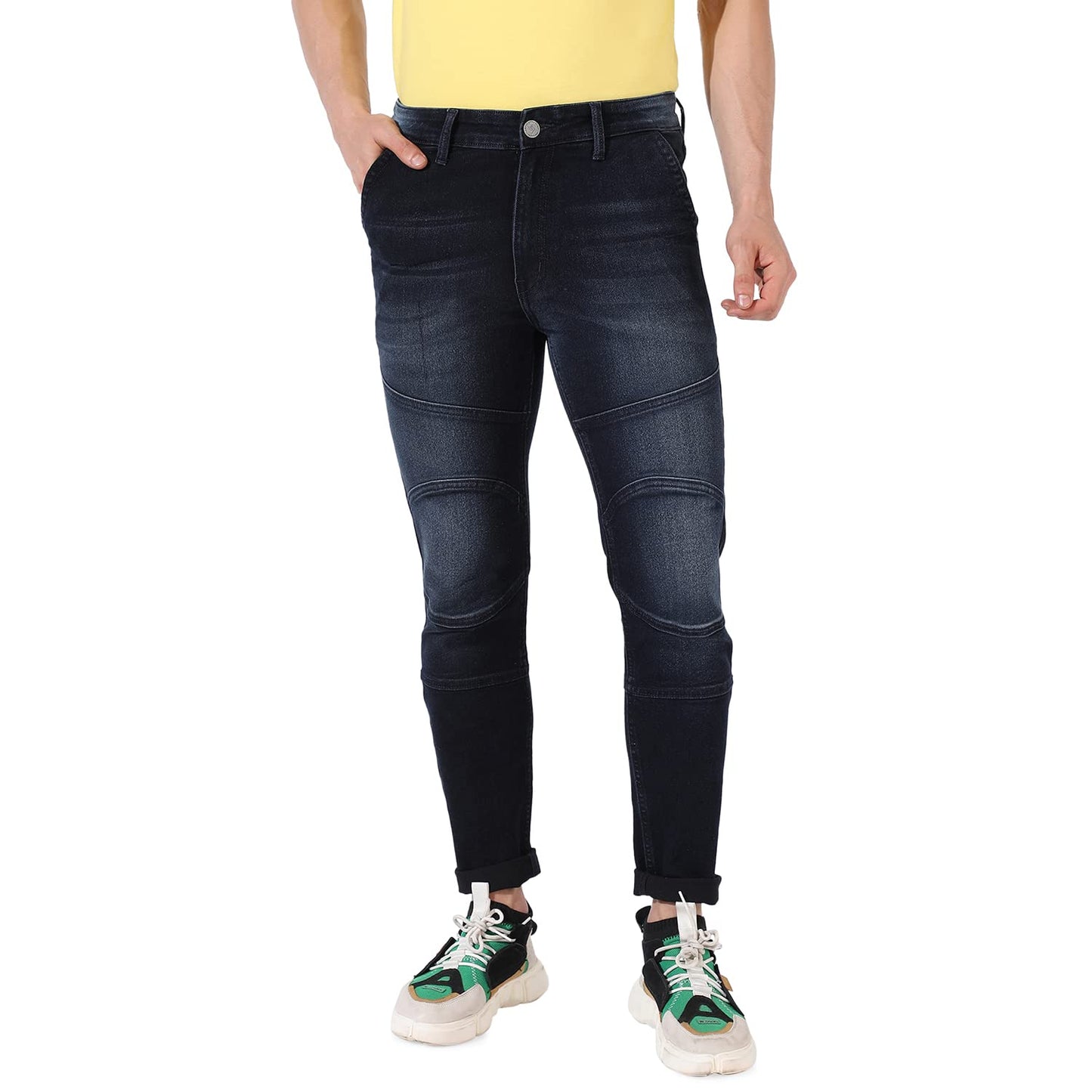 Campus Sutra Mens Classic Blue Textured Patterned Dark-Washed Regular Fit Denim Jeans | Premium Mid-Rise Cotton Stretchable Cra