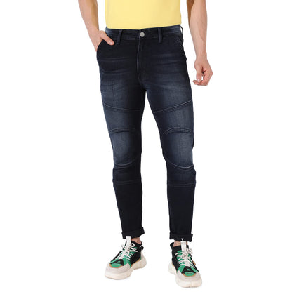Campus Sutra Mens Classic Blue Textured Patterned Dark-Washed Regular Fit Denim Jeans | Premium Mid-Rise Cotton Stretchable Cra