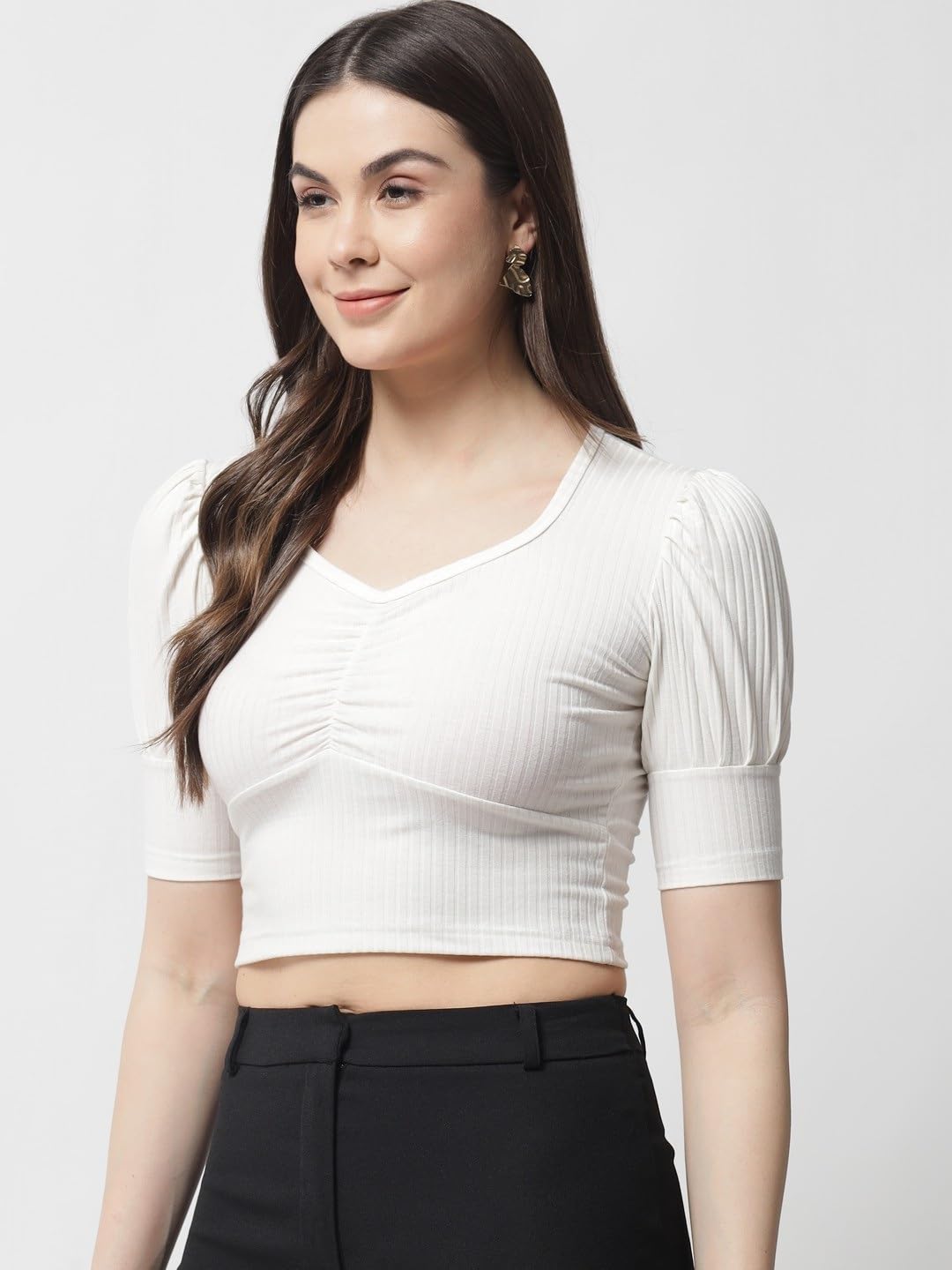 POPWINGS Casual Puff-Sleeves Ribbed Crop Top for Women || Sweet Heart Neck Summer Crop Top for Women || Crop Tops for Women Late