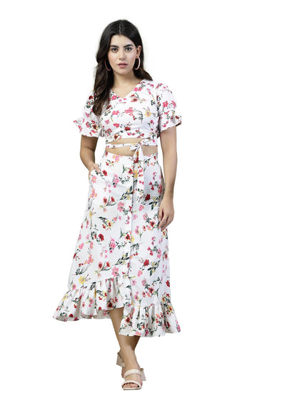 Oomph! Crepe Crop Top And Skirt Set For Women, White - Coord_Mt886Msk194