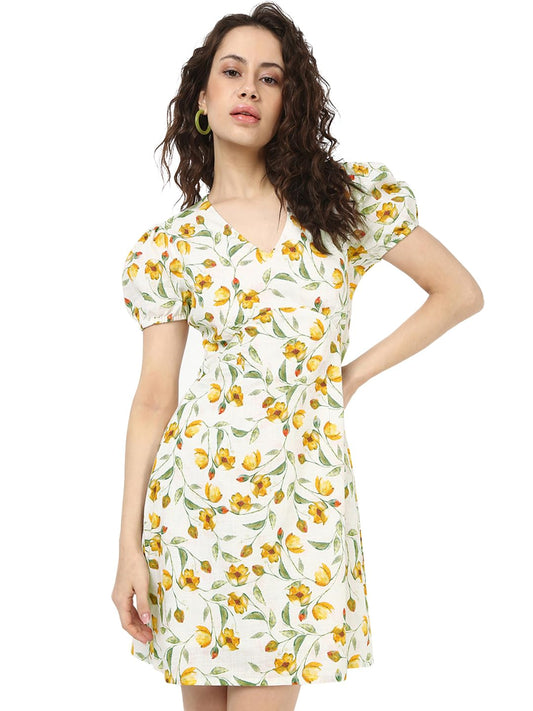 Bewakoof Womens All Over Printed Regular Fit Puff Sleeve V Neck Cotton Slub Mini Dress_659909_White_L