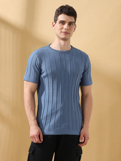Dennis Lingo Men Steller Textured Round Neck Half Sleeves Regular Fit T-Shirts Blue