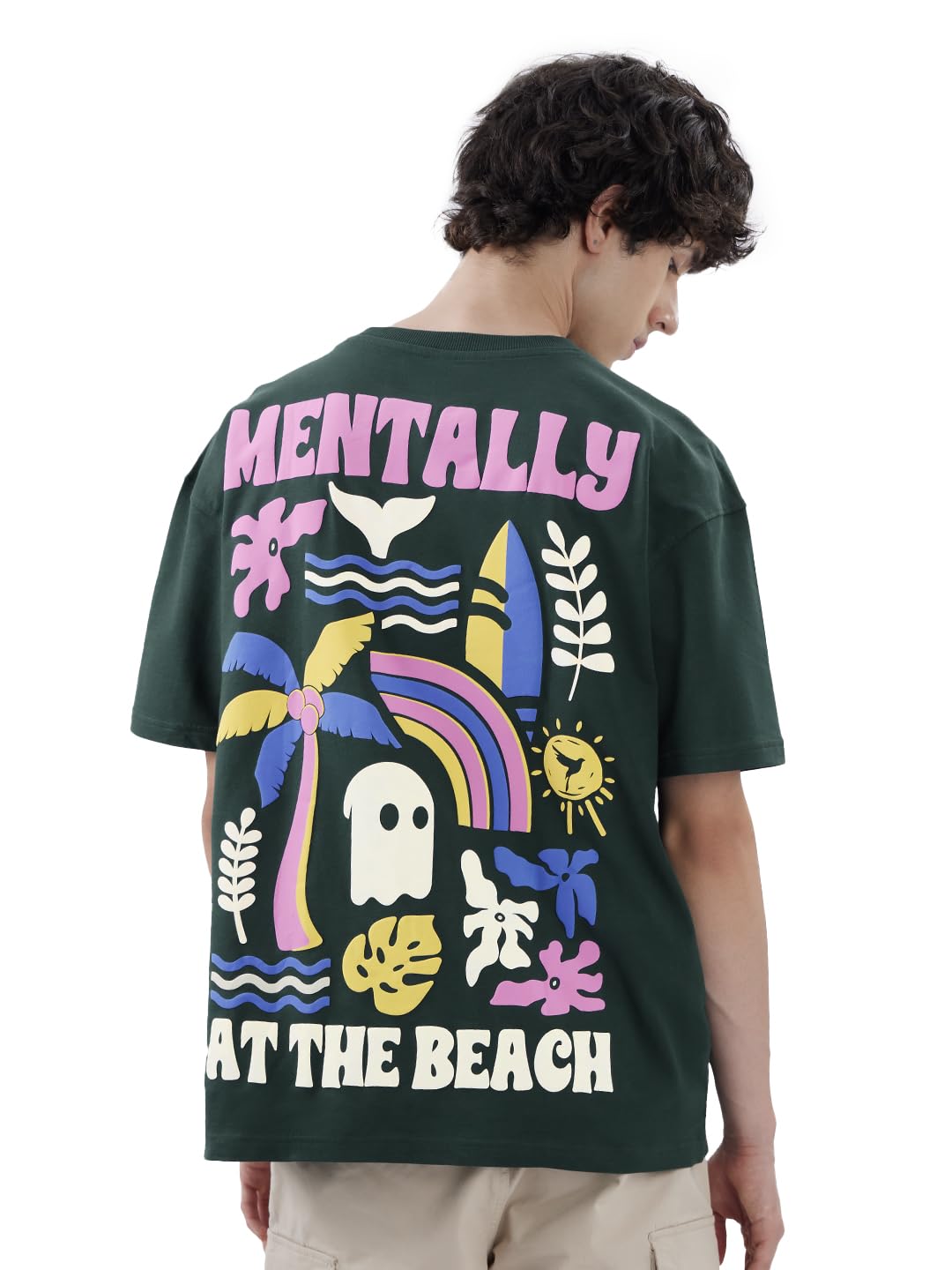 The Souled Store at The Beach Men and Boys Short Sleeves Round Neck Green Graphic Printed Cotton Oversized T-Shirts