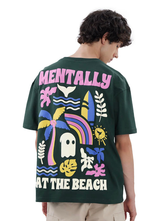 The Souled Store at The Beach Men and Boys Short Sleeves Round Neck Green Graphic Printed Cotton Oversized T-Shirts