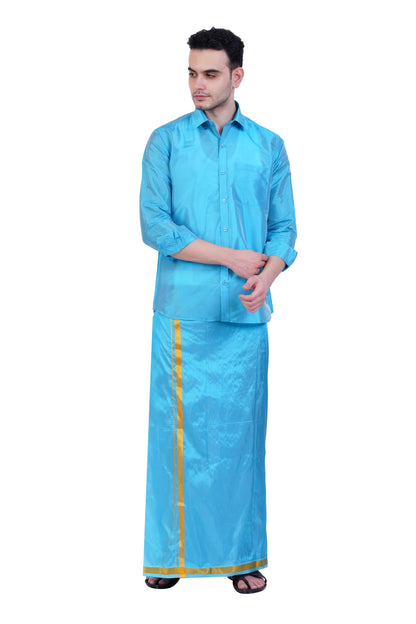 Prakasam Cotton-Mens Art Silk Wedding Set/Art Silk 8 Mulam (8-Yard) Dhoti And Stitched Half Sleeve Shirt