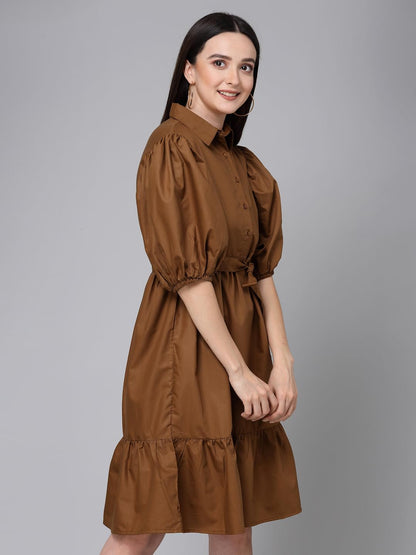 Style Quotient Women Solid Brown Polycotton Smart Casual Dress