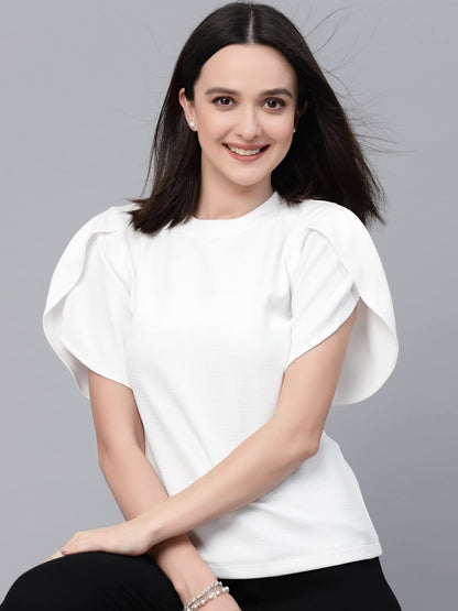 Style Quotient Women White Poly Knit Smart Casual Top