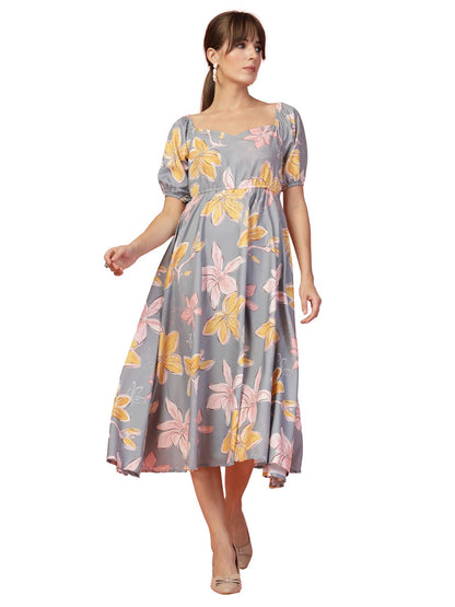 Oomph! Flared Dress For Women Stylish | Long One Piece For Women | Puff Sleeve Long Dress | Floral Print Maxi One Piece | Wester