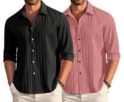Macsivo Combo Of MenS Casual Button Down Shirts Long Sleeve Linen Shirt Fashion Textured Beach Summer Shirt Pack Of 2