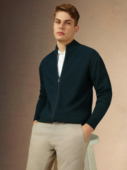 Dennis Lingo Men Blue Solid Slim Fit Full Sleeve Mock Collar Pullover Sweater