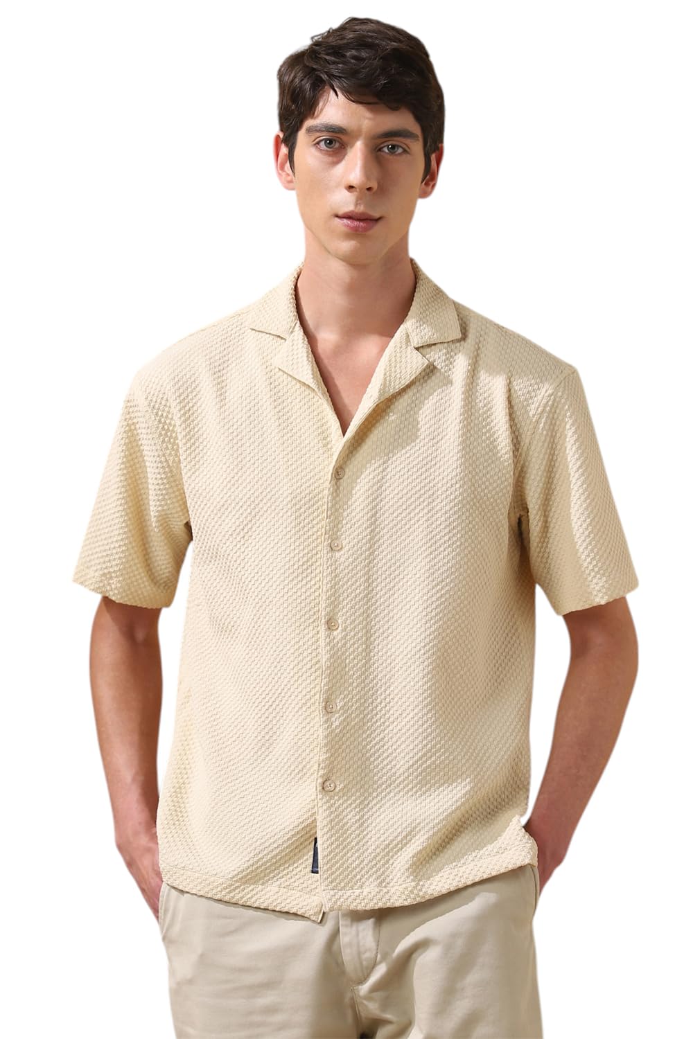 Dennis Lingo Men Textured Polyester Cuban Collar Half Sleeves Relaxed Fit Shirt Beige