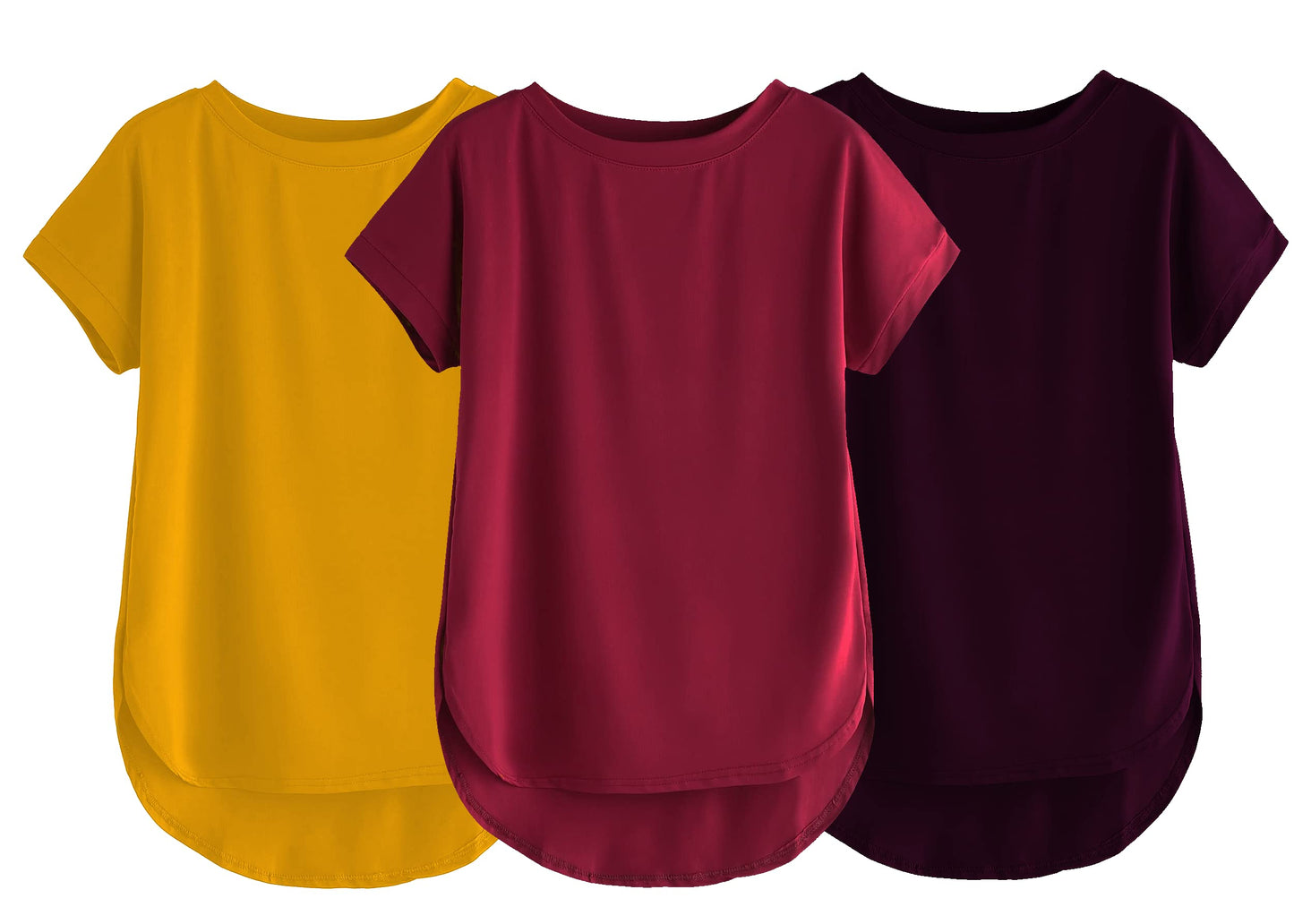Fabricorn Combo Of Three Plain Maroon, Mustard Yellow And Wine Round Neck Up And Down Cotton Tshirt For Women (Maroon, Mustard Y