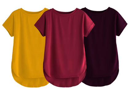 Fabricorn Combo Of Three Plain Maroon, Mustard Yellow And Wine Round Neck Up And Down Cotton Tshirt For Women (Maroon, Mustard Y