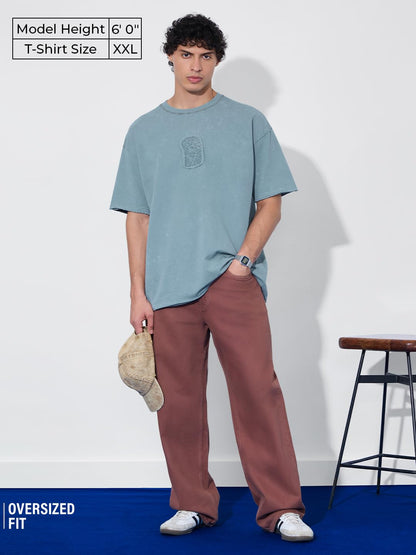 The Souled Store Originals: Blue Soul Men and Boys Short Sleeves Round Neck Blue Embroidered Cotton Oversized T-Shirts