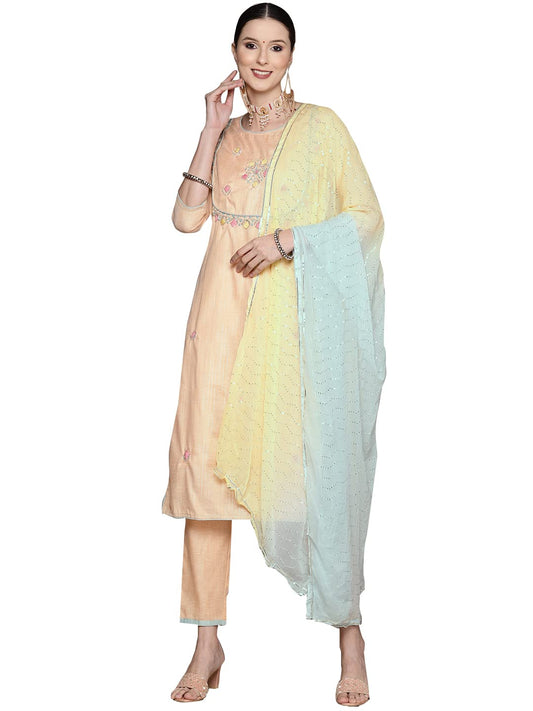 ishin Women's Peach Embellished A-Line Kurta set With Trouser and Dupatta