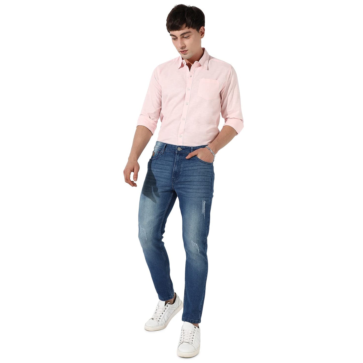 Campus Sutra Mens Blue Tapered Medium-Wash Denim Jeans | Stretchable Cotton Mid-Rise Denim Jeans Crafted with Comfort Fit and H
