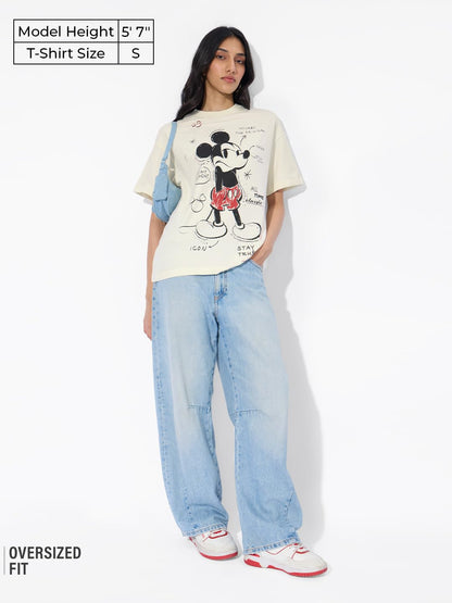 The Souled Store Mickey Mouse: Main Character Women and Girls Short Sleeves Round Neck Off White Graphic Printed Cotton Oversize