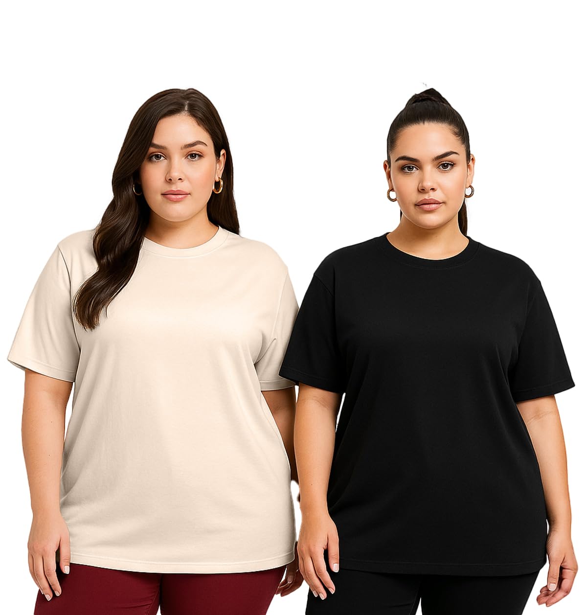 Juneberry 100% Pure Cotton Oversized Baggy Fit Drop Shoulder Solid Core Plus Size T-Shirt Combo For Women (Pack Of 2) (Po2_Jb_Ps