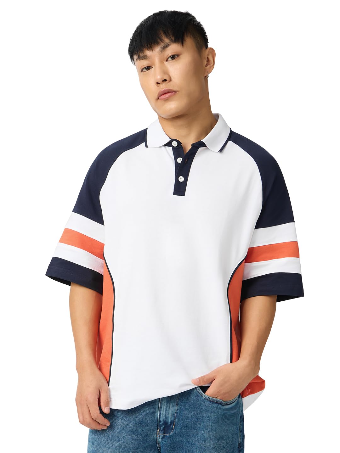 The Souled Store Originals: Flame Men and Boys Short Sleeve Collared Neck White and Yellow Graphic Printed Cotton Oversized Polo