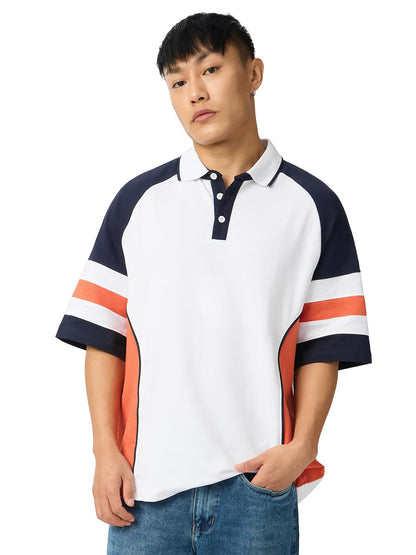 The Souled Store Originals: Flame Men and Boys Short Sleeve Collared Neck White and Yellow Graphic Printed Cotton Oversized Polo