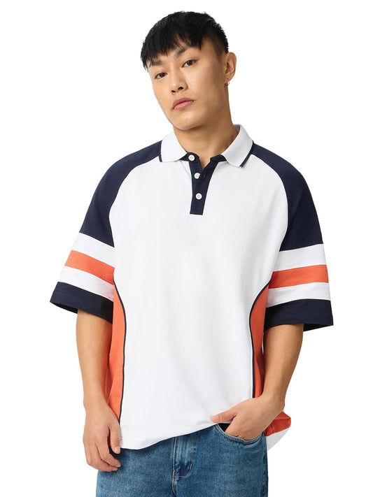 The Souled Store Originals: Flame Men and Boys Short Sleeve Collared Neck White and Yellow Graphic Printed Cotton Oversized Polo