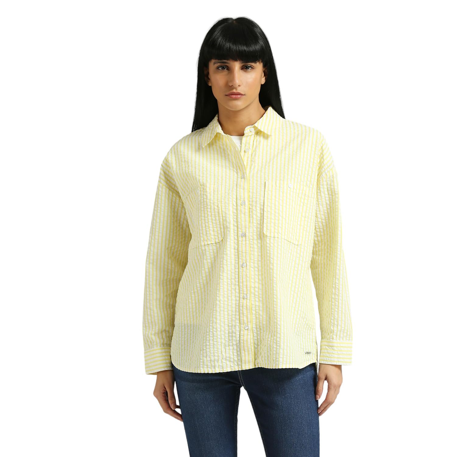 Pepe Jeans Women Cotton Striped Oversized Fit Shirt (Pl304908_Cornish Yellow, Medium)