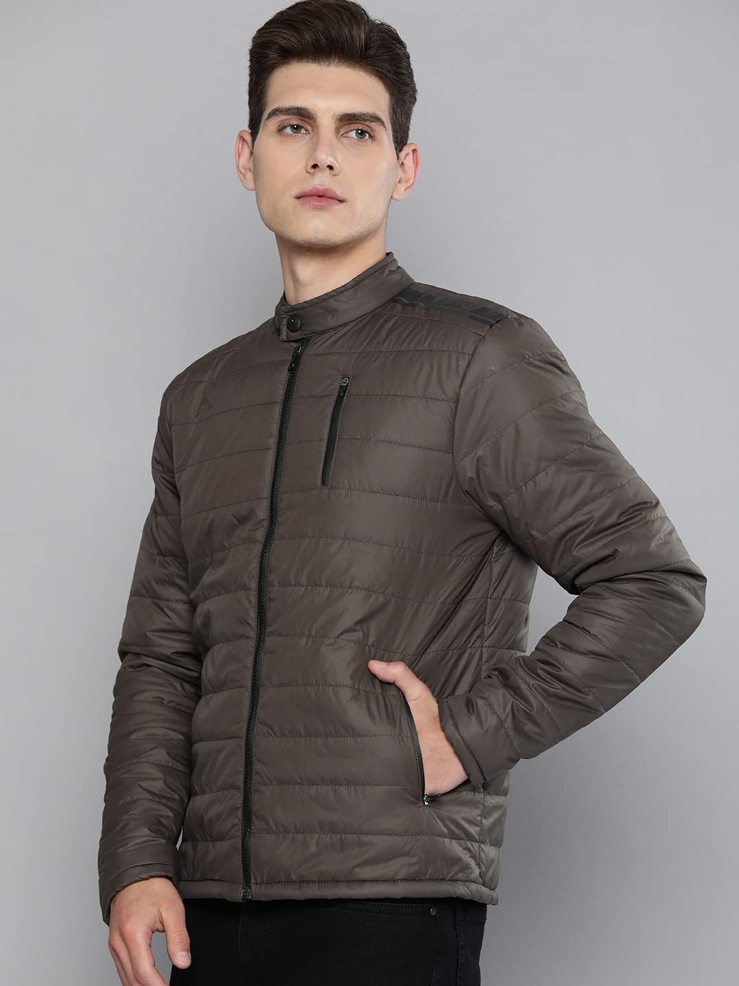 The Indian Garage Co Men Grey Slim Fit Solid Puffer Jacket