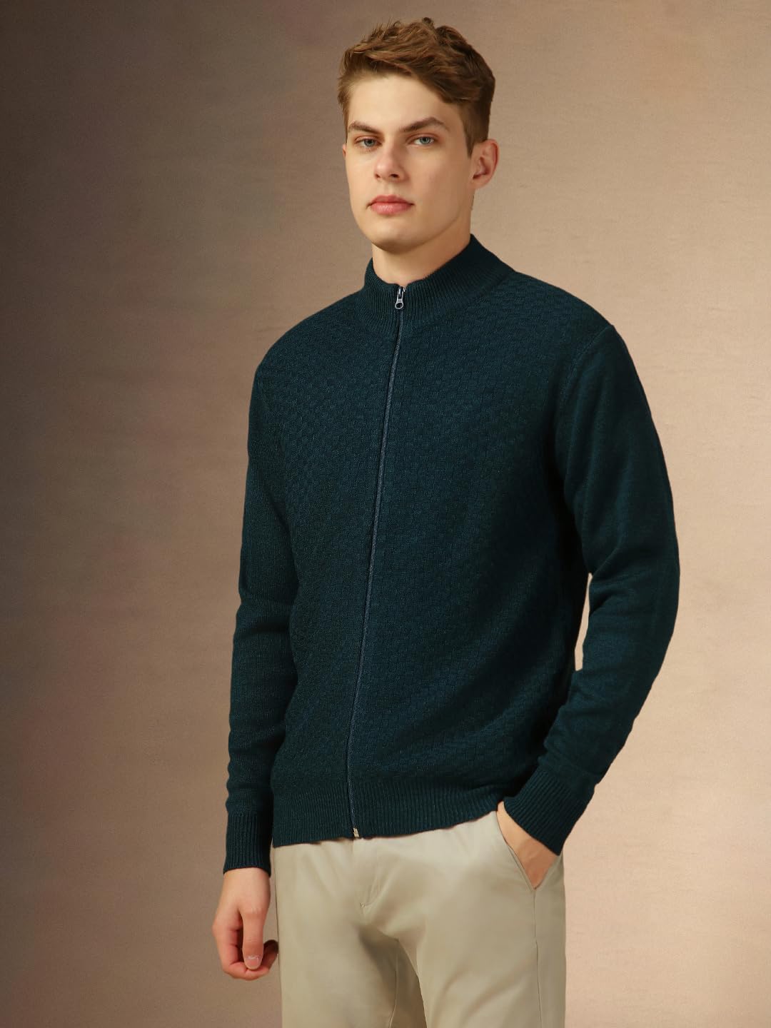 Dennis Lingo Men Blue Solid Slim Fit Full Sleeve Mock Collar Pullover Sweater
