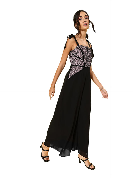 Miss Chase WomenS Black & Dusty Pink Square Neck Sleeveless Self Design Lace Overlaid Regular Jumpsuit (Mcss22D15-37-267-02, Bla