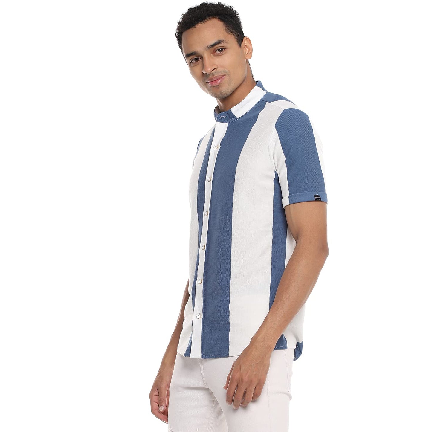 Campus Sutra Mens Chalk White & Royal Blue Balanced Striped Shirt for Casual Wear | Mandarin Collar | Short Sleeve | Button Clo