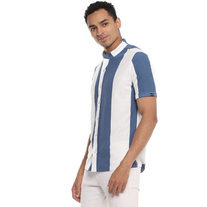 Campus Sutra Mens Chalk White & Royal Blue Balanced Striped Shirt for Casual Wear | Mandarin Collar | Short Sleeve | Button Clo