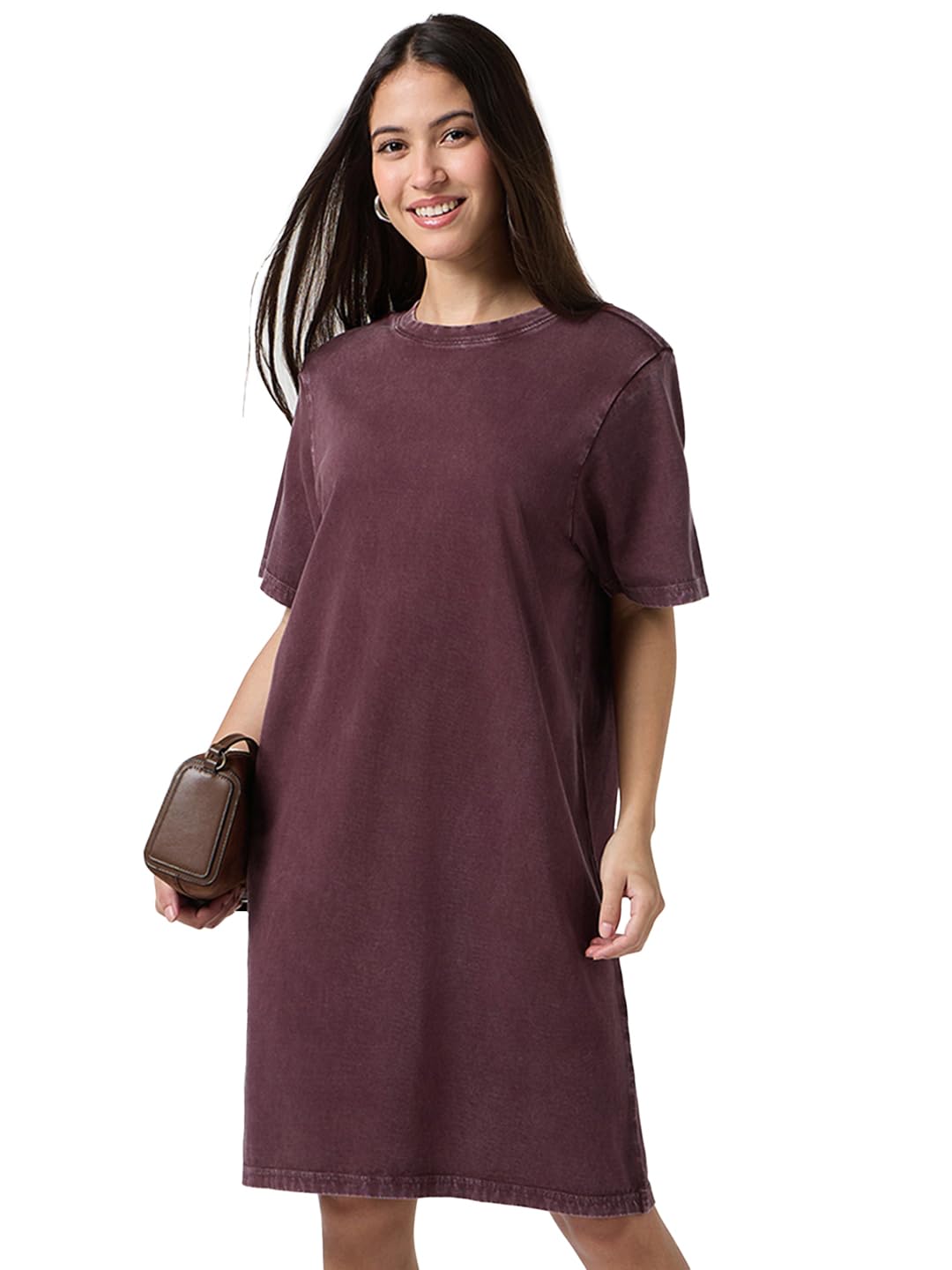 Bewakoof Womens Self Design Regular Fit Half Sleeve Round Neck Pure Cotton Acid Wash T-Shirt Dress_684262_Brown_2XL