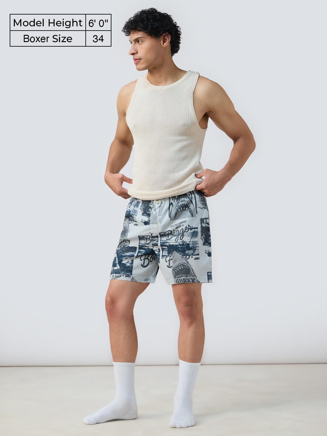The Souled Store Jaws: Bigger Boat Men and Boys Pull On Blue All Over Printed Regular Fit Cotton Boxer Shorts
