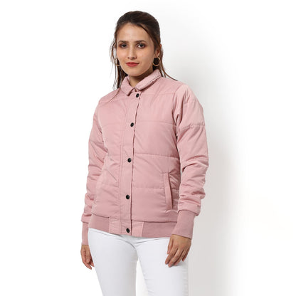 Campus Sutra Women Pink Puffer Regular Fit Bomber Jacket For Winter Wear | Standing Collar | Full Sleeve | Buttoned | Casual Jac