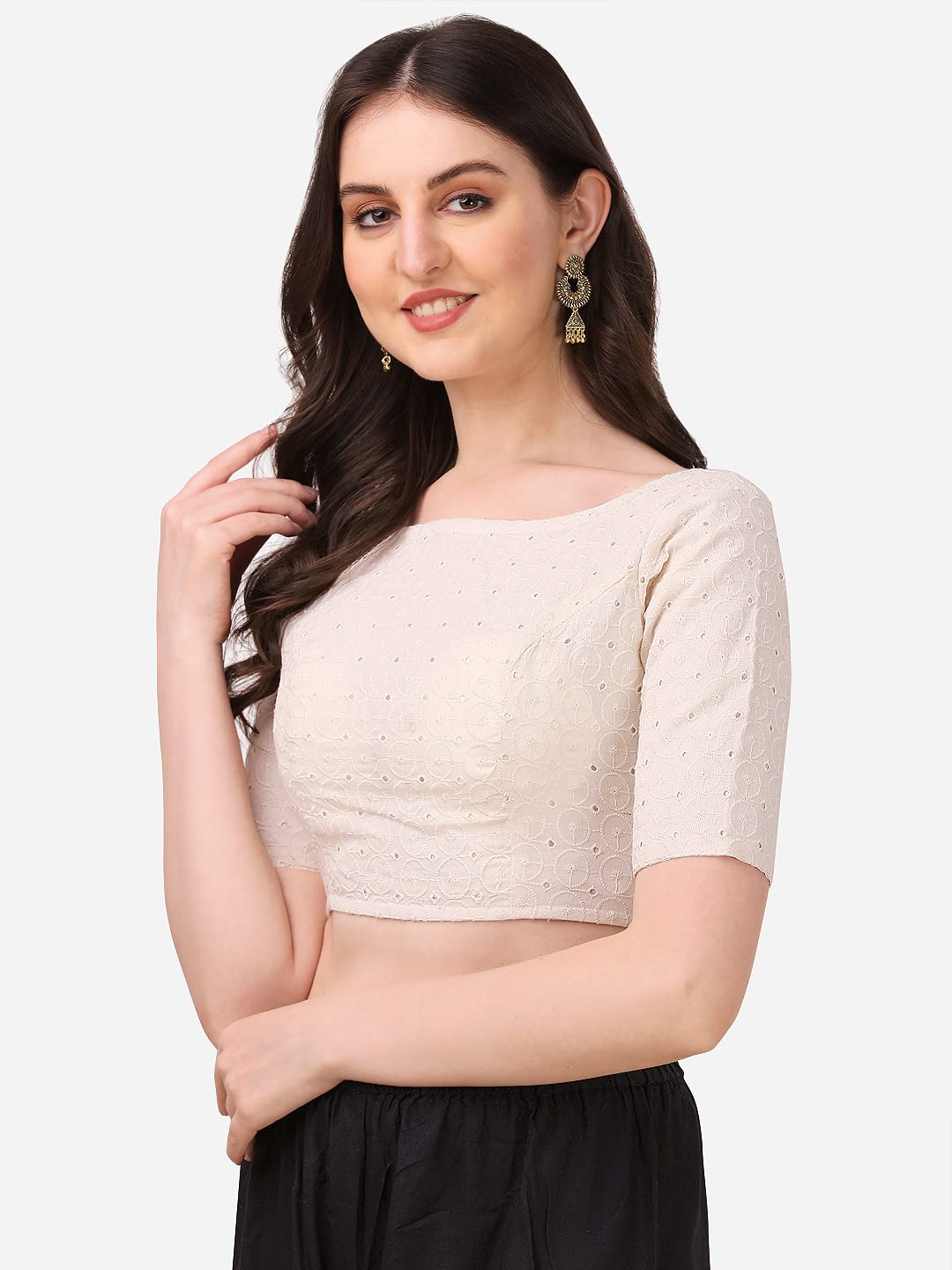 Oomph! Traditional Cotton Fabric Blouse For Women | Round Neck., Elbow Length Sleeves | Wedding & Festival Wear | Comfortable &