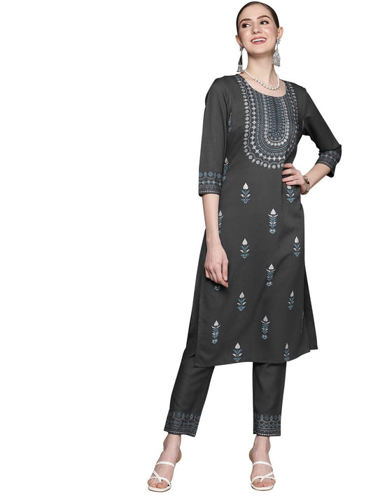 ZIYAA Women's Grey Rayon Straight Kurta And Pant Set(ZIKURY3910ANDPA)