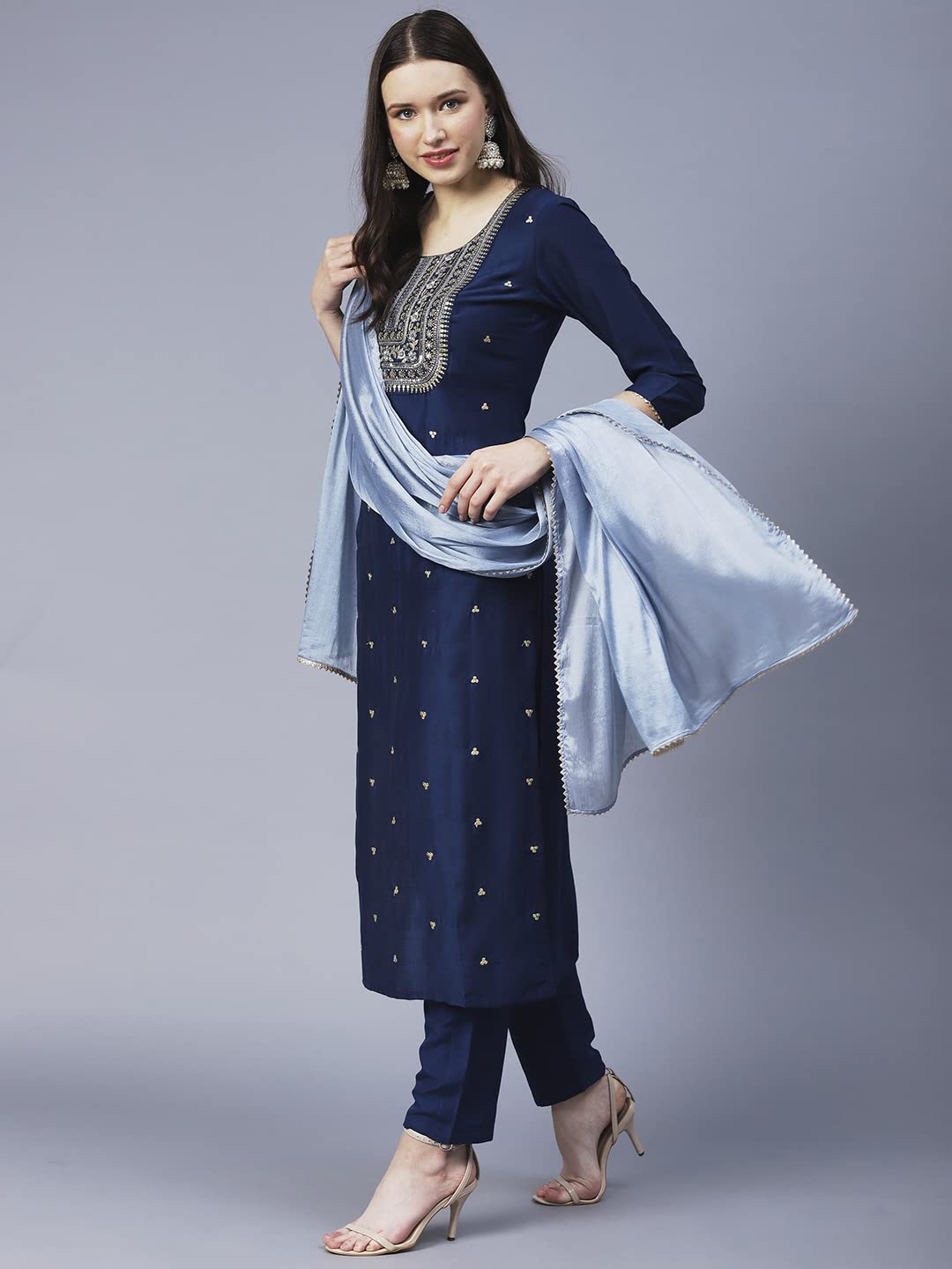 ANNI DESIGNER Women's Cotton Blend Straight Embroidered Kurta with Pant & Dupatta (Yesta Kerocine)