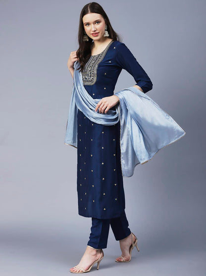 ANNI DESIGNER Women's Cotton Blend Straight Embroidered Kurta with Pant & Dupatta (Yesta Kerocine)