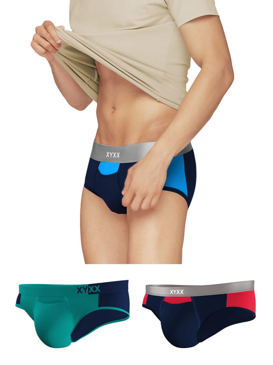 XYXX Mens Underwear Dualist IntelliSoft Antimicrobial Micro Modal Brief Pack of 3 (Black Iris & Brilliant Blue ; Black Iris & T