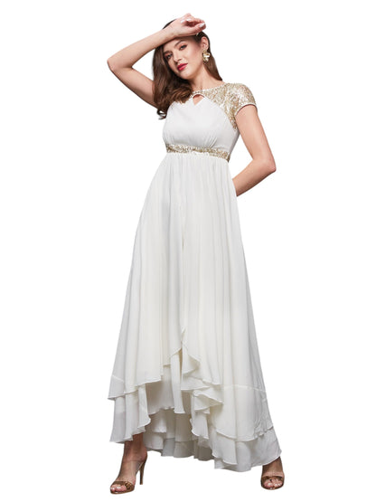 Miss Chase Womens Keyhole Neck Short Sleeve Embellished Layered Maxi Dress (MCSS25D91-88-114-04, Off White, M)