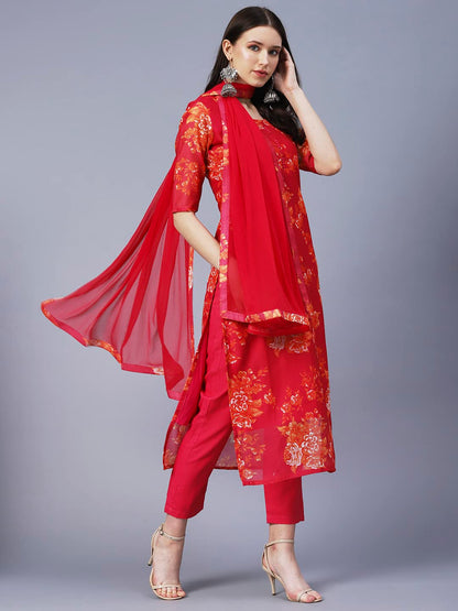 Gosriki WomenS Chanderi Cotton Printed Straight Kurta With Pant & Dupatta (Aux-Orange-Gs_4Xl_Pink_Xxxx-Large)