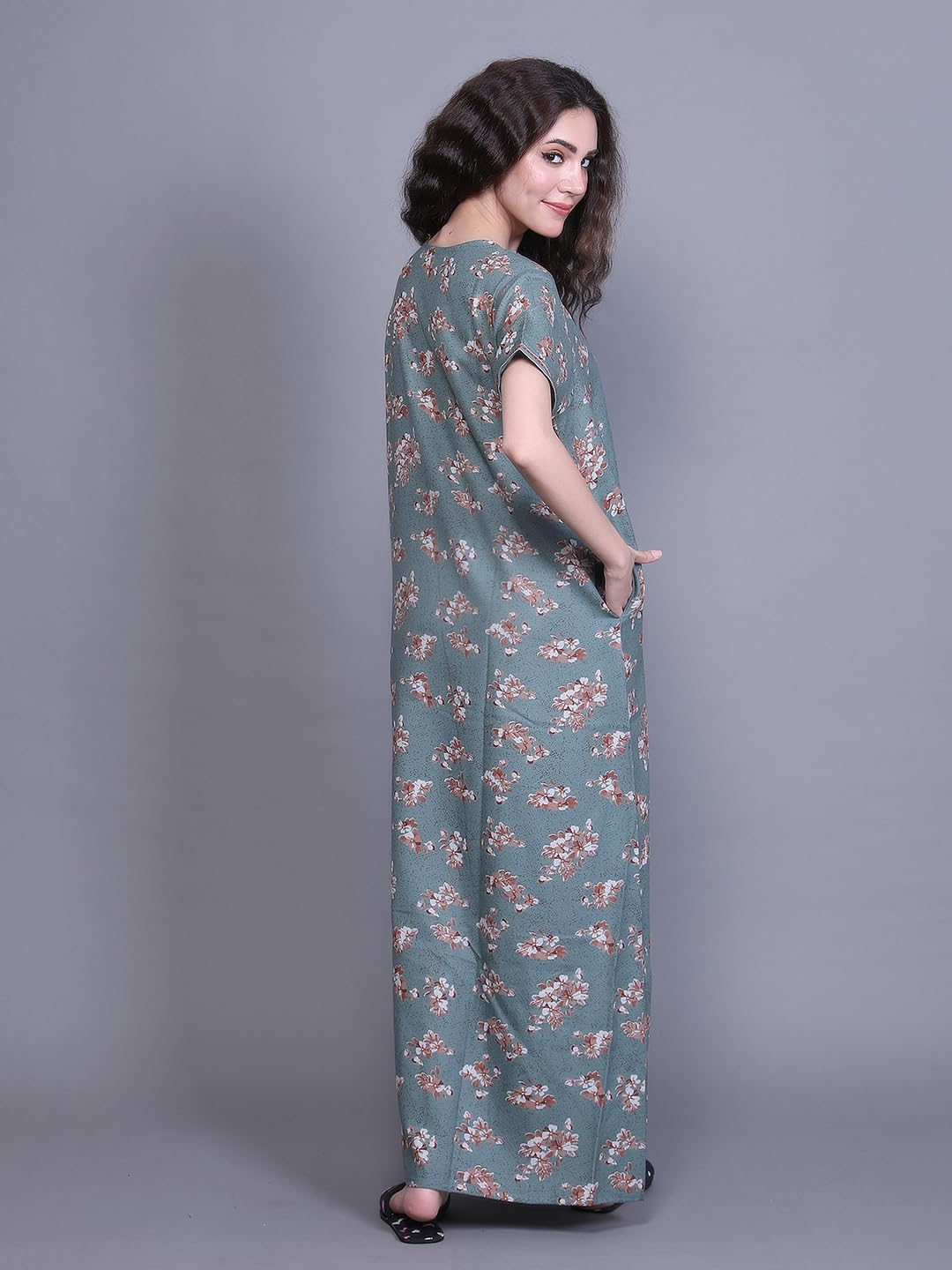 Evolove Alpine Fabric Nighty Maxi For Women With Side Pocket And Neckline Embroidery | Printed Short Sleeves Full Length Night W