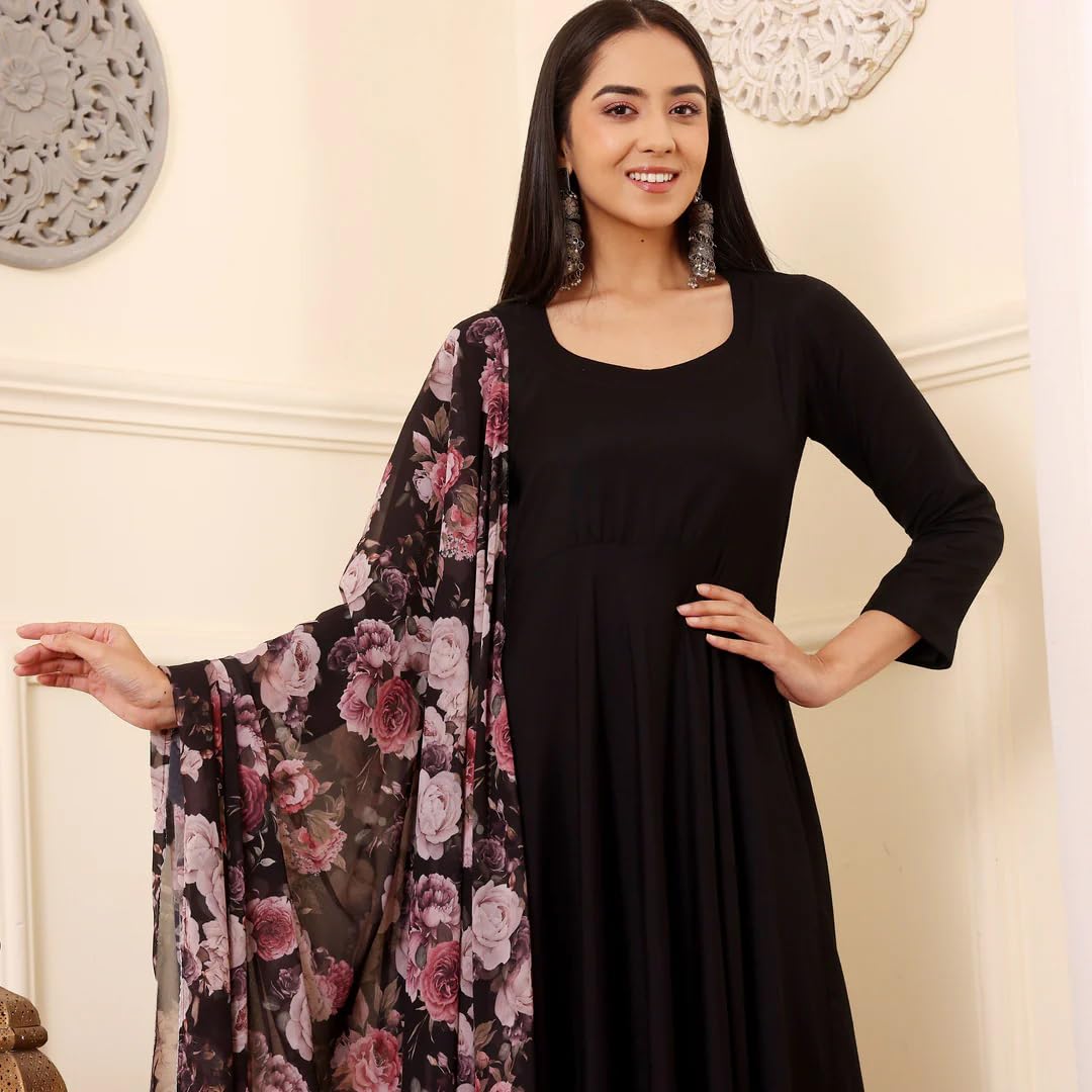 Toochki WomenS Rayon Viscose Anarkali Kurta With Palazzo & Floral Printed Dupatta Black